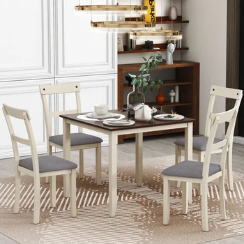 Современный классический серый обеденный стол из 5 предметов, промышленный деревянный кухонный стол и 4 стула, простой в сборке, для столовой