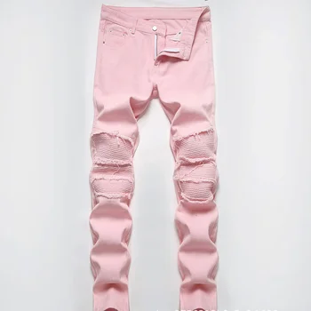 Розовые джинсы с рваной заплаткой на Хай-стрит, мужские Весенне-летние Повседневные Прямые Джинсовые брюки с бакенбардами для мужчин