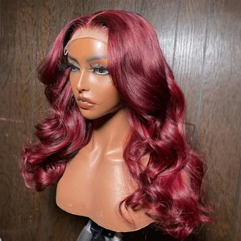 99J Бордовый парик, синтетические кружевные парики для женщин, объемная волна, бесклеевая, предварительно выщипанная линия роста волос с детскими волосами, термостойкое волокно