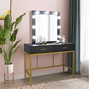 Односпальное зеркало с 2 выдвижными ящиками и лампочками, туалетный столик на стальной раме для домашней мебели для спальни, черный