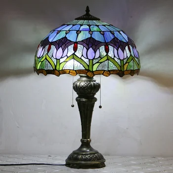 LongHuiJing 16-дюймовый настольный светильник Tiffany с цветным стеклянным абажуром в виде тюльпана, настольная лампа для чтения, прикроватные лампы с антикварным основанием
