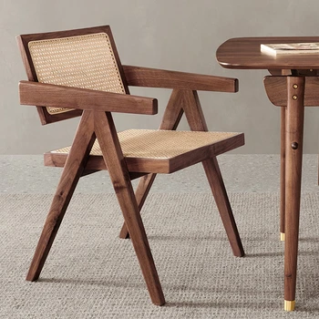 Обеденные стулья из массива дерева в скандинавском стиле, мебель для домашнего ресторана, обеденный стул со средневековой спинкой, Современный ротанговый стул для отдыха в семье в отеле