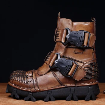 Мужские ботинки из натуральной кожи, боевые военные тактические ботинки, модные мотоциклетные ботинки в стиле панк с высоким берцем, рабочие ботинки с толстой подошвой для инструментов