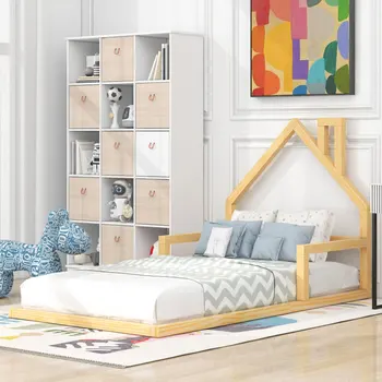 Двуспальная кровать с деревянным полом и изголовьем в форме домика для домашней мебели для спальни, натуральная