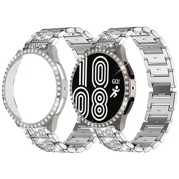Ремешок с бриллиантами + чехол для Samsung Galaxy Watch 4 5 6 40/ Защитный чехол для браслета 44 мм для Galaxy Watch, 6 металлических браслетов, бампер