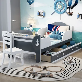Кровать-платформа в форме лодки двойного размера с двумя выдвижными ящиками, двуспальная кровать со столом и стулом для внутренней мебели спальни, белый + серый