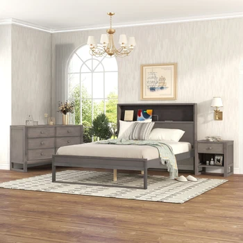 Спальные гарнитуры из 3 предметов, Полноразмерная кровать на платформе с тумбочкой и комодом, антично-серый
