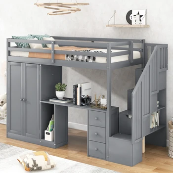 Двуспальная кровать-чердак, Детская кровать, Современная дизайнерская кровать-Чердак со шкафом и лестницей, Встроенный письменный стол, Ящики для хранения вещей и шкаф в 1