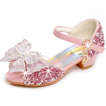 Детские сандалии на высоком каблуке с бабочками для девочек, летняя обувь для девочек с блестками, блестящие туфли принцессы, сандалии с блестками 