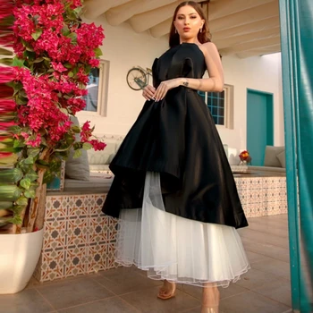 Винтажные черно-белые атласные вечерние платья трапециевидной формы, выпускные платья без бретелек 2023, элегантное вечернее платье Саудовской Аравии