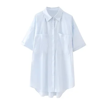 Женская повседневная светло-голубая Свободная рубашка с коротким рукавом 2023, Летние женские рубашки с однотонными карманами, женская мягкая однобортная длинная рубашка