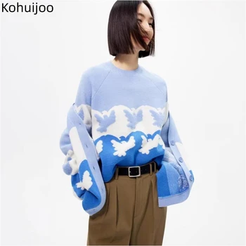 Kohuijoo 2023 Новый Модный Жаккардовый свитер Женские Пуловеры с длинным рукавом и круглым вырезом Fomal, Свободный Дизайнерский вязаный топ Оверсайз