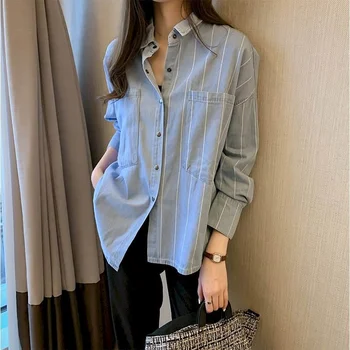 Джинсовые рубашки для женщин, винтажные кардиганы в полоску с длинным рукавом, повседневные однобортные женские топы в корейском стиле