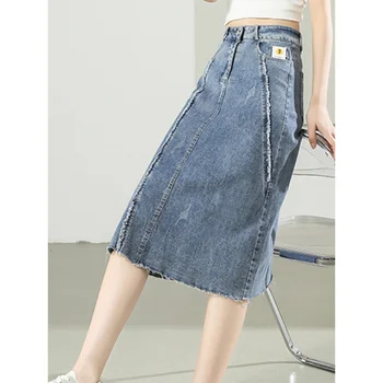 Женская летняя новинка 2023, тонкая юбка трапециевидной формы средней длины, юбка для бедер, джинсовая юбка с высокой талией и разрезом