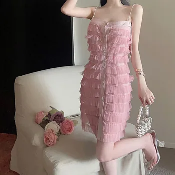 Новое милое и сексуальное платье-торт 2023, Шикарное сетчатое платье с однобортным ремешком и вырезом лодочкой, короткие розовые платья с многоуровневыми оборками.