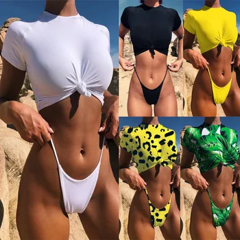 Сексуальное женское бикини с подкладкой пуш-ап, спортивные купальники с коротким рукавом, купальник пляжная одежда