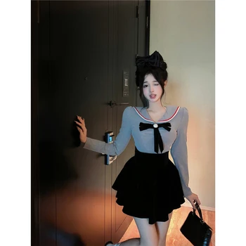 Костюм Sweet Girls в корейском стиле, женская осенняя трикотажная рубашка с длинными рукавами, бархатная мини-юбка, комплект из двух предметов, модная женская одежда