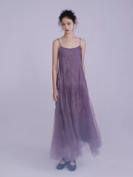 Облачный слой марли, темно-фиолетовое платье на бретельках, весенняя сексуальная уличная одежда, длинная юбка с подолом