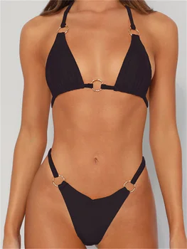 Сексуальное микро-бикини 2023, женский однотонный черный купальник Пуш-ап с кольцами, летний купальный костюм, купальники-стринги, пляжная одежда