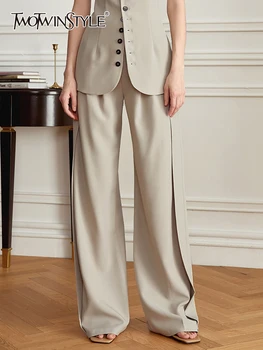 TWOTWINSTYLE, однотонные минималистичные брюки для женщин, высокая талия, лоскутные складки, повседневные широкие брюки, женская модная одежда, новинка 2023 года