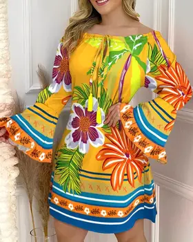 Женские платья 2023, летняя мода, цветочный Племенной принт, повседневное мини-платье трапециевидной формы с открытыми плечами, повседневное Мини-платье трапециевидной формы с длинным рукавом