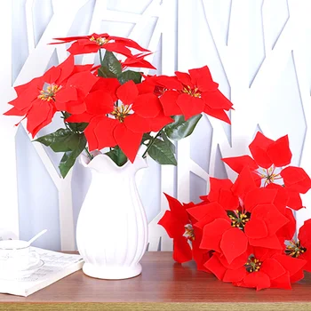 1шт Имитация Рождественского цветка с 7 вилками, Красный цветок, Рождественское украшение, Поддельный букет для свадебной вечеринки, Товары для украшения дома