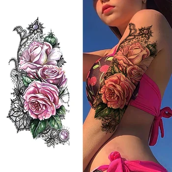 Наклейка с временной татуировкой, Красочная 3D Водонепроницаемая татуировка, набор наклеек с цветочным рисунком, Поддельная татуировка на теле для мальчиков и девочек, Влюбленная пара