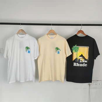 2023 Повседневная футболка Rhude Для мужчин и женщин, лучшее качество, негабаритная Белая Черная винтажная футболка, топы Rhude, одежда аниме