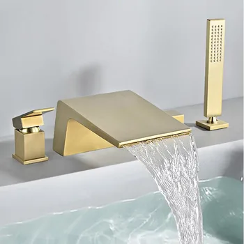 Смеситель для ванны Широко распространенный смеситель для раковины из матовой золотой латуни Смеситель для ванны Смеситель для душа с ручной насадкой для душа