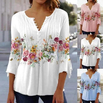 Летняя женская рубашка с V-образным вырезом и длинными рукавами 2023 года, удобный топ, плиссированная футболка с цветочным принтом, Нижняя рубашка на пуговицах