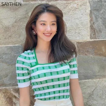 Женская летняя футболка SAYTHEN 2023 с тонкой текстурой, зеленая, с квадратным вырезом, в полоску, вязаный топ из ледяного шелка с коротким рукавом, ST23721