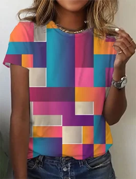 Модная женская футболка с многоцветным графическим 3D-принтом, летняя футболка с коротким рукавом, одежда из полиэфирного волокна большого размера