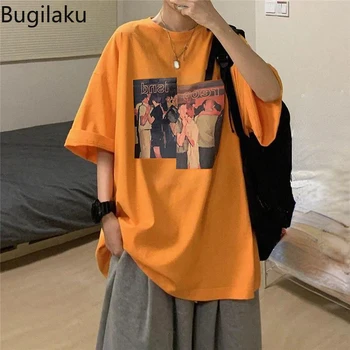 Футболка Bugilaku из 100% хлопка с коротким рукавом, свободная модная американская винтажная пара, повседневная универсальная футболка