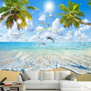 Красивые натуральные обои с видом на море и кокосовые орехи Пляж и дерево Фреска с дельфинами Обои для гостиной Фон Обои