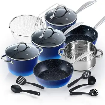 Наборы индукционной кухонной посуды из 15 предметов, набор сковородок с антипригарным покрытием из гранита, набор кастрюль и сковородок, пригодных для мытья в посудомоечной машине (синий)