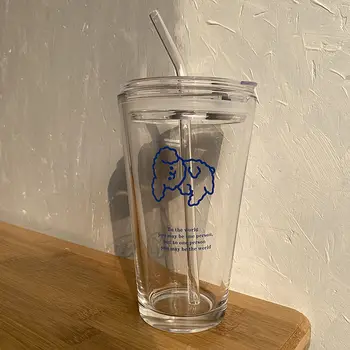 Термостойкая стеклянная чашка для воды с крышкой-соломинкой, Креативный мультяшный Молочный сок, Бытовая Стеклянная бутылка для воды с милым щенком, 450 мл