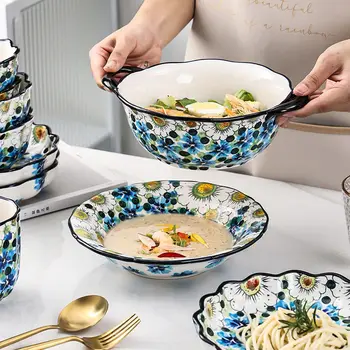 Керамическая миска для риса, миска для домашнего бинаурального супа, миска в европейском стиле, большая миска для лапши, посуда для домашнего сада.