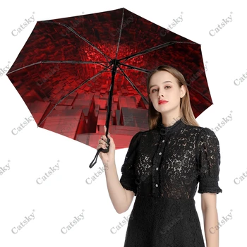 Абстрактно -Красный Женский зонт от дождя, 3-складной Полностью автоматический Зонт для защиты от солнца, инструмент для путешествий на открытом воздухе, Параплюи
