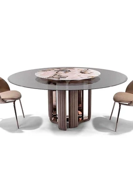 Круглый стол итальянская светлая роскошная вилла, большой плоский слой высококачественной абразивной кожи, украшение из вращающегося обеденного стола