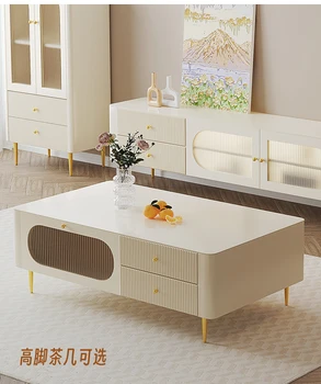 Журнальный столик тумба для телевизора сочетание современной простой белой мебели для гостиной из массива дерева с каменной панелью журнальный столик