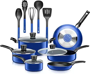 Кастрюли и сковородки из 15 предметов, базовая кухонная посуда, черное антипригарное покрытие внутри, (синий)
