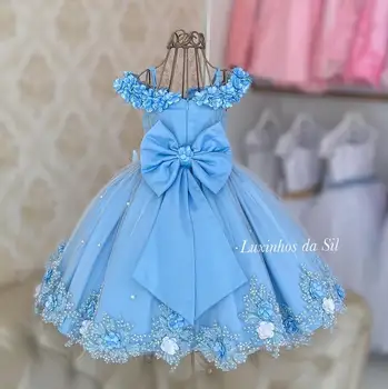 Светло-небесно-голубые платья в цветочек для девочек на свадьбу с бантом сзади, детское тюлевое платье для дня рождения, нарядные платья для девочек