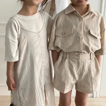 Летняя одежда в стиле ретро Для мальчиков и девочек, однотонная рубашка с длинными рукавами и карманами + шорты, Комплект повседневных хлопковых блузок из 2 предметов для малышей