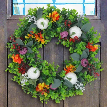 Венок из искусственной тыквы, Красочный цветок из листьев эвкалипта, украшение для вечеринки на празднике урожая, Гирлянда из ротанга, подвешенная на стене