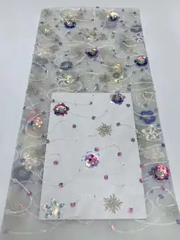 Белая Африканская кружевная ткань Высококачественная Вышивка 2023 Французское Тюлевое кружево Нигерийские 3D блестки Кружевная ткань для свадьбы Оптом