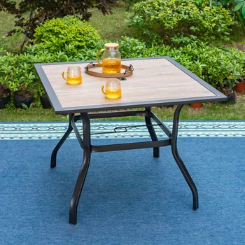 Обеденный стол для патио 37-дюймовый Квадратный стол для уличного бистро на заднем дворе с деревянной столешницей, отверстием для зонта 1,7 дюйма