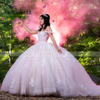 Элегантное Розовое Пышное Платье 2024 Vestidos De 15 Принцесса На Косточках Милая 16 XV На День Рождения Бальное Платье С Кружевной Аппликацией И блестками