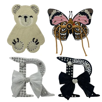 Нашивка с вышивкой в виде бабочки, Значки с рисунком медведя с бриллиантами, буквы, аппликации с кружевным бантом, нашивки для скейтбординга для девочек, нашивки для одежды