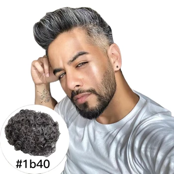 Парики из натуральных волос Indian Virgin 1b40 серого цвета 8X10 из искусственной кожи для мужчин