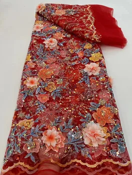 Черное кружево Африканская кружевная ткань с цветочной 3D вышивкой Аппликацией Нигерийские кружевные ткани с цветочным рисунком и блестками для пошива вечернего платья